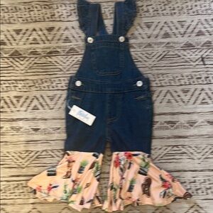 Baby Shea 6-12 months Blue and Pink Cowboy Floral Ruffle bell bottoms Overalls